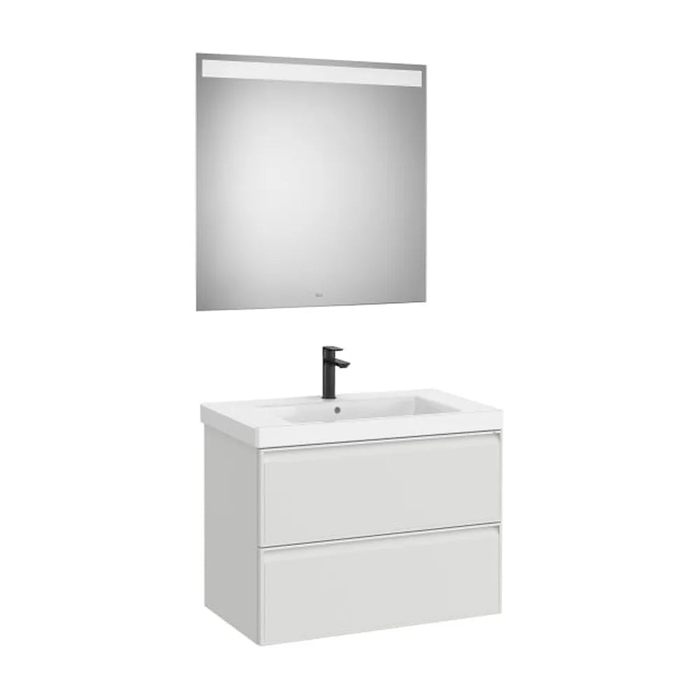 Pack mueble base dos cajones lavabo Fineceramic espejo LED 80x46x62 cm Roca - Vista 1