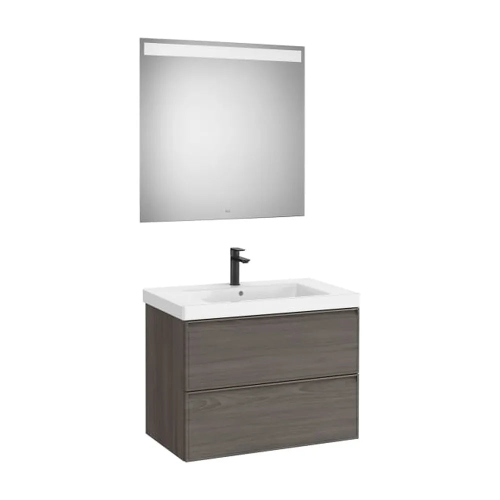 Pack mueble base dos cajones lavabo Fineceramic espejo LED 80x46x62 cm Roca - Vista 1