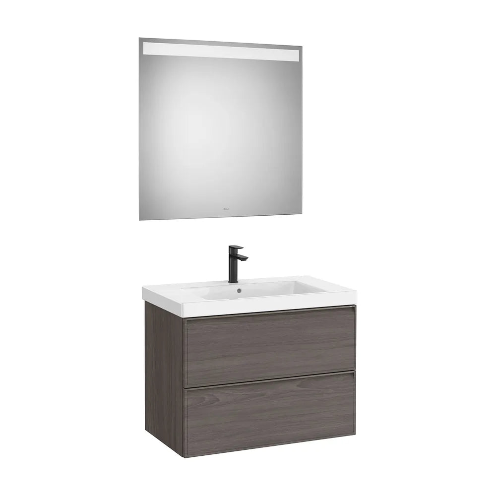 Pack mueble base dos cajones lavabo Fineceramic espejo LED 80x46x62 cm Roca - Vista 2