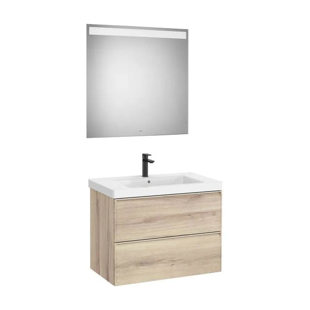 Pack mueble base dos cajones lavabo Fineceramic espejo LED Eidos 80x46x62 cm Roca - Vista 1