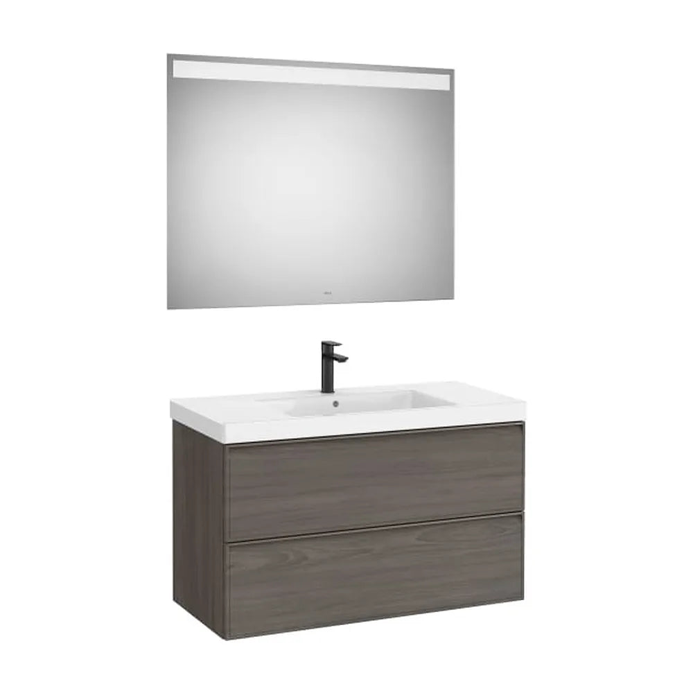 Pack mueble base dos cajones lavabo Fineceramic centrado espejo LED 100x46x62 cm Roca - Vista 1