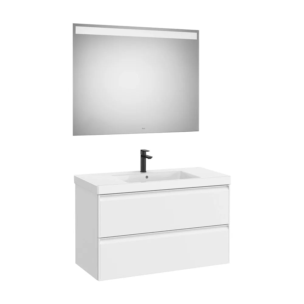 Pack mueble base dos cajones lavabo Fineceramic centrado espejo LED 100x46x62 cm Roca - Vista 2