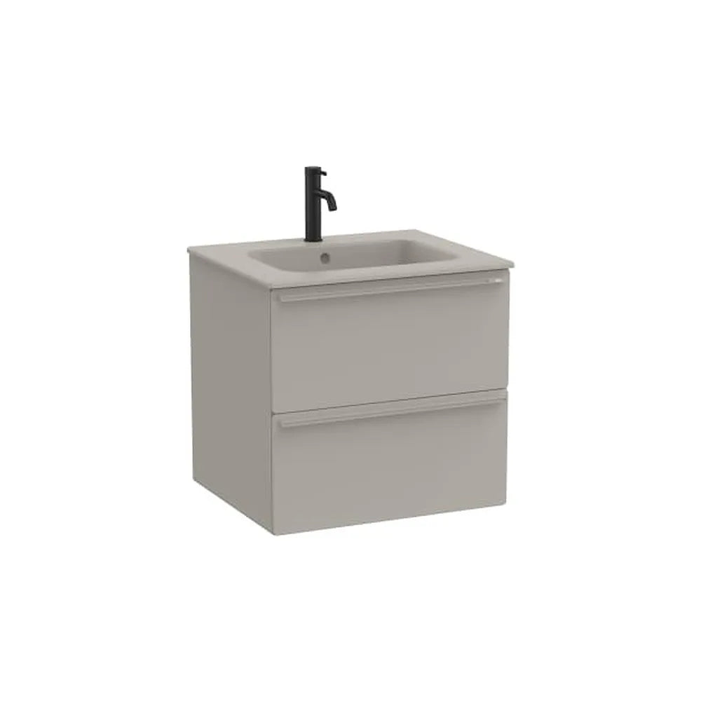 Mueble base suspendido con dos cajones y lavabo porcelana gris arena 61x51x56 cm Roca - Vista 1