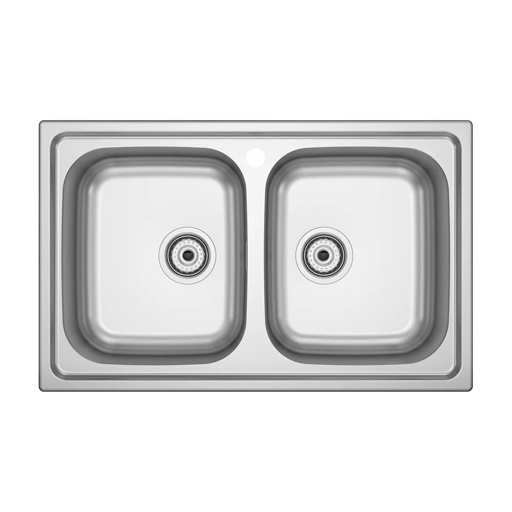 Fregadero de acero inoxidable 2 cubetas con orificio para grifería sobre encimera Roca - Vista 2