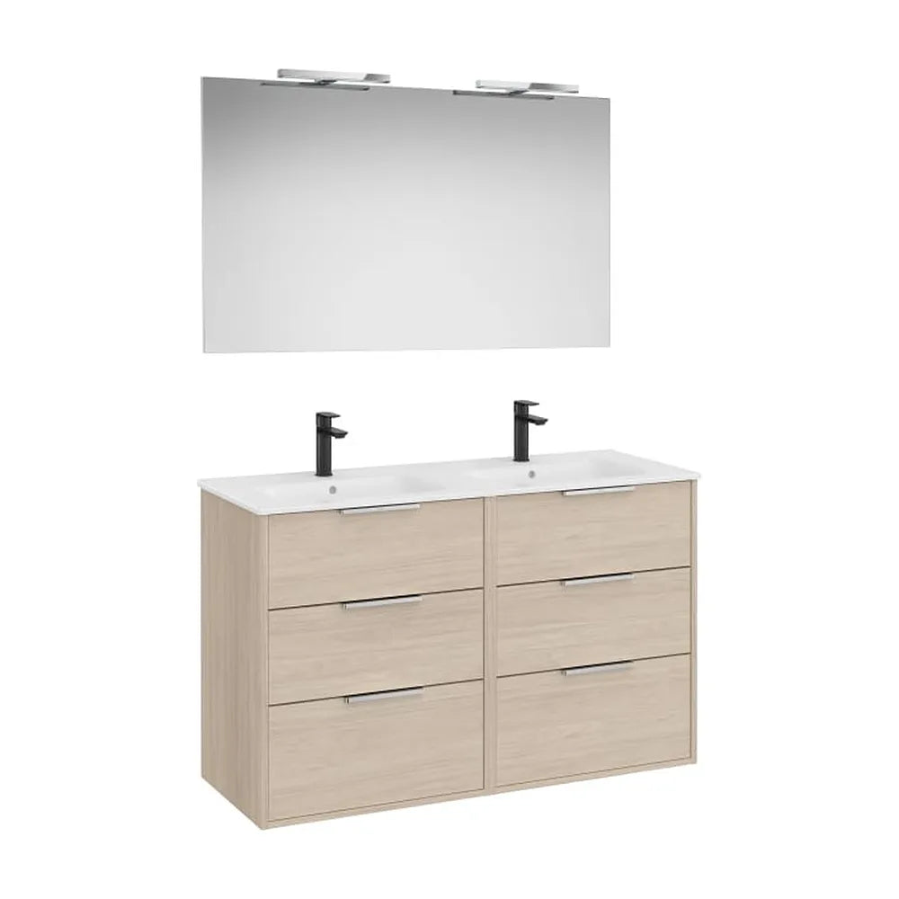 Pack mueble base compacto seis cajones lavabo doble porcelana espejo aplique Led Roca - Vista 1