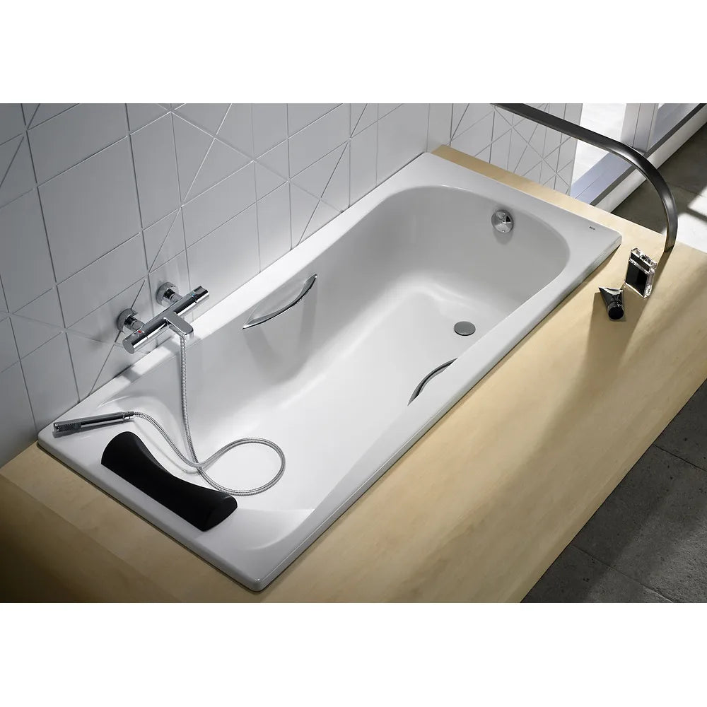 Bañera rectangular con dos asas y reposacabezas de 180 cm fabricada en acrílico de color blanco Becool Roca - Vista 4
