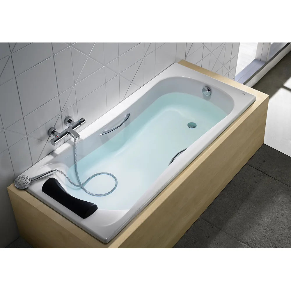 Bañera rectangular con reposacabezas y dos asas de 170 cm fabricada en acrílico de color blanco Becool Roca - Vista 5