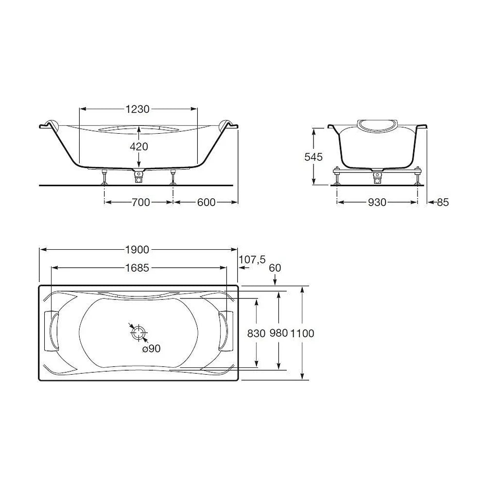 Bañera acrílica rectangular encastrada de 190x110x42 cm blanca Becool Biplaza ROCA - Vista 6