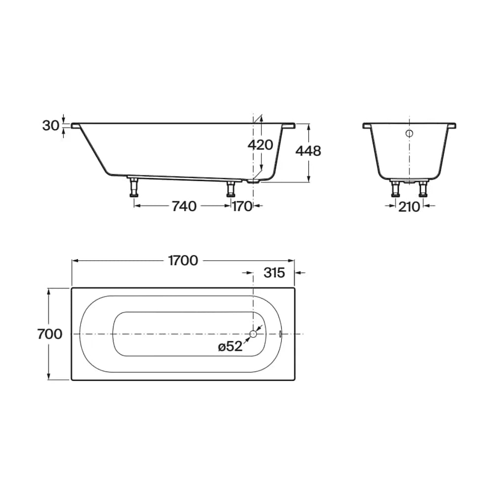 Bañera rectangular de 170 cm de largo fabricado en acrílico de color blanco Genova Roca - Vista 3