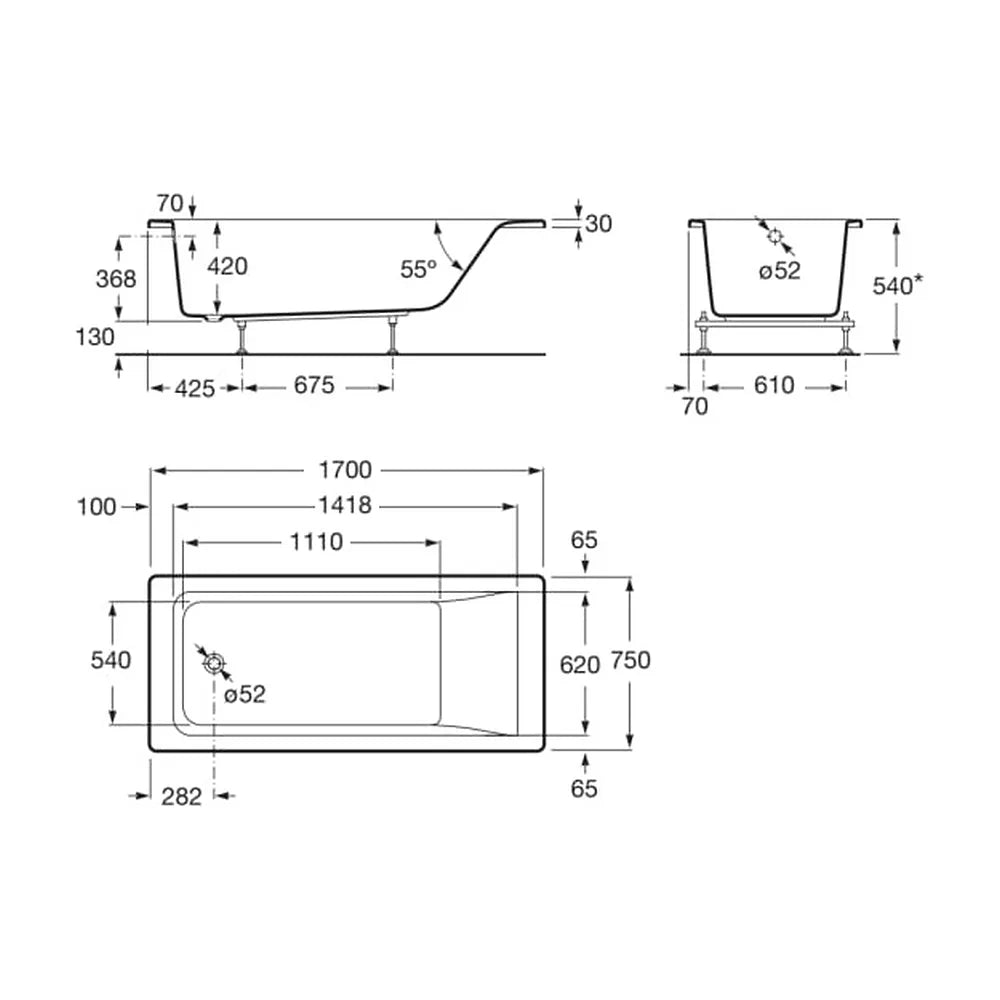 Bañera para instalación encastrada de 170 cm fabricada en acrílico de color blanco Easy Square Roca - Vista 5