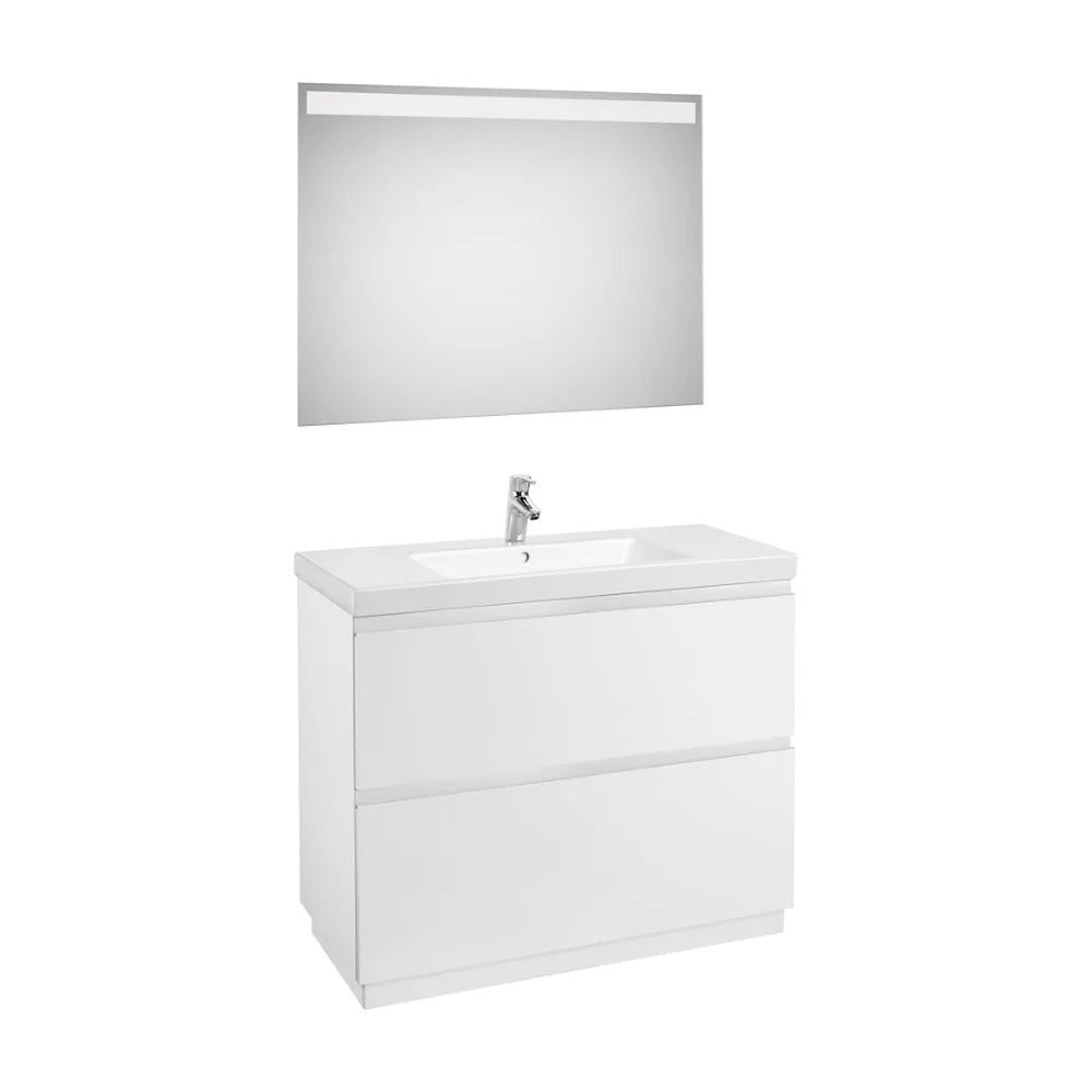 Conjunto de baño de madera aglomerada con espejo LED y lavabo en acabado color blanco brillo Lander Roca - Vista 1