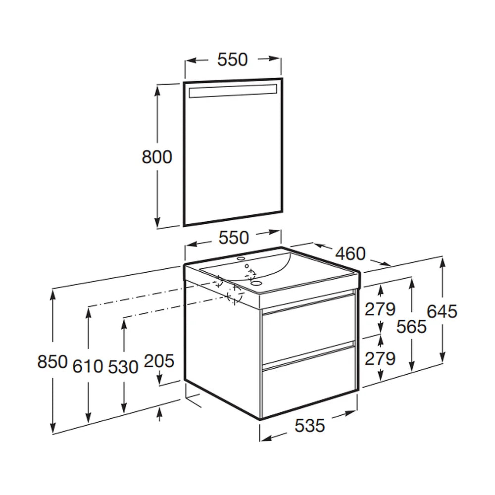 Mueble de baño con lavabo de 55 cm de ancho y dos cajones en color blanco Unik Ella Ona Roca - Vista 2