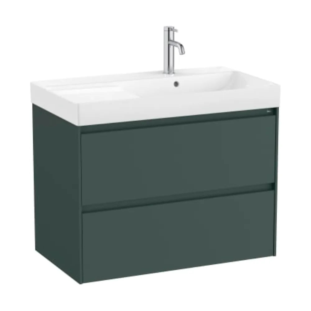 Mueble de baño con lavabo a la derecha de 80 cm de ancho y 2 cajones en color verde montaña Unik Ona Roca - Vista 1