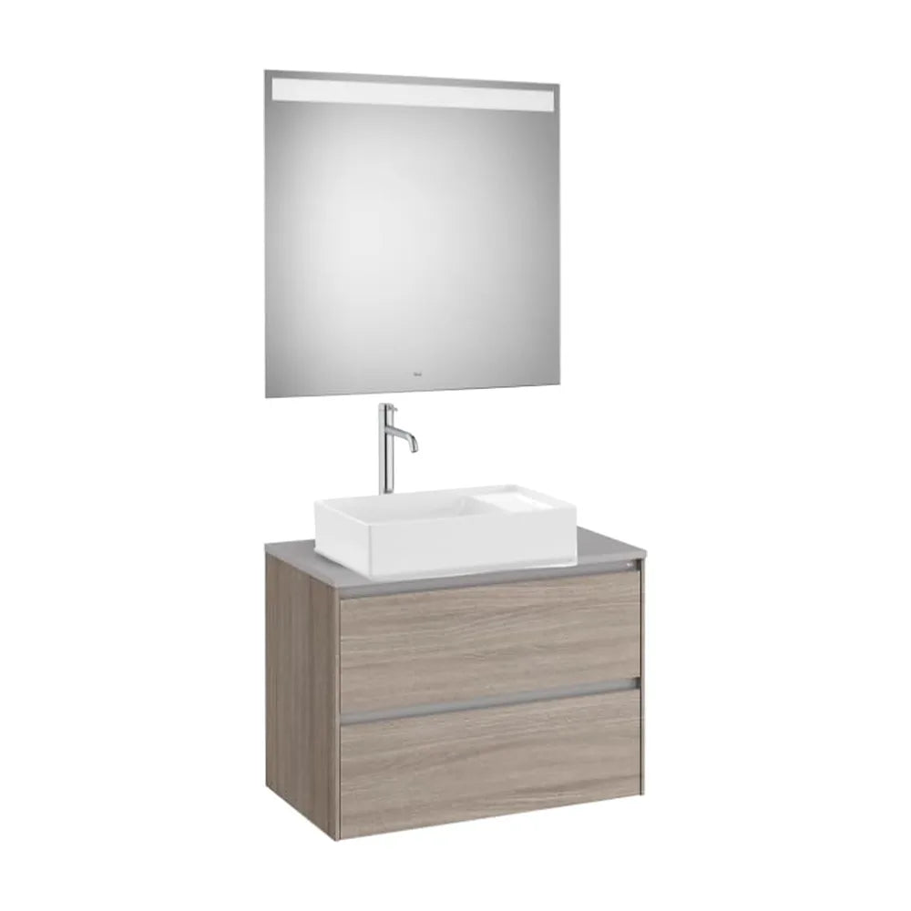 Conjunto de Baño de Mueble y 2 Cajones para Lavabo a la Izquierda y Espejo Color Olmo Oscuro de 80 cm Colección Ona Roca - Vista 1