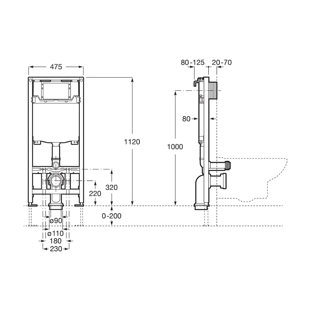 Pack de inodoro suspendido Rimless salida horizontal con tapa amortiguada cisterna placa pulsadora ROUND ROCA - Vista 7