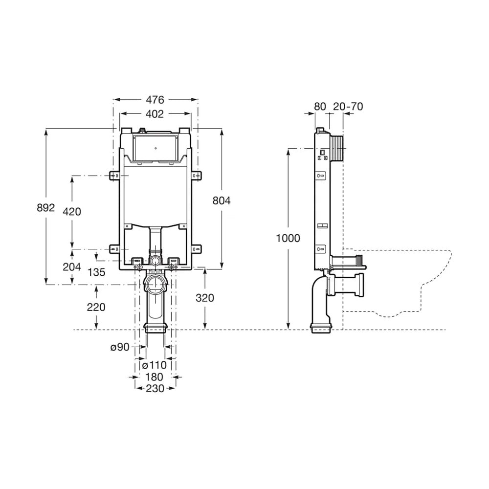Pack inodoro rimless suspendido con cisterna empotrada y placa pulsadora Meridian Basic Roca - Vista 4
