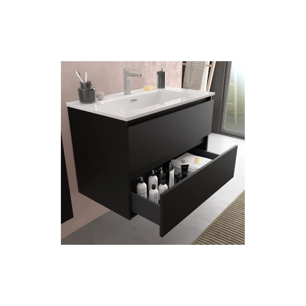 Mueble de Baño Suspendido con Doble Lavabo y 4 Cajones Salgar Bequia 121 cm Negro Mate - Vista 3