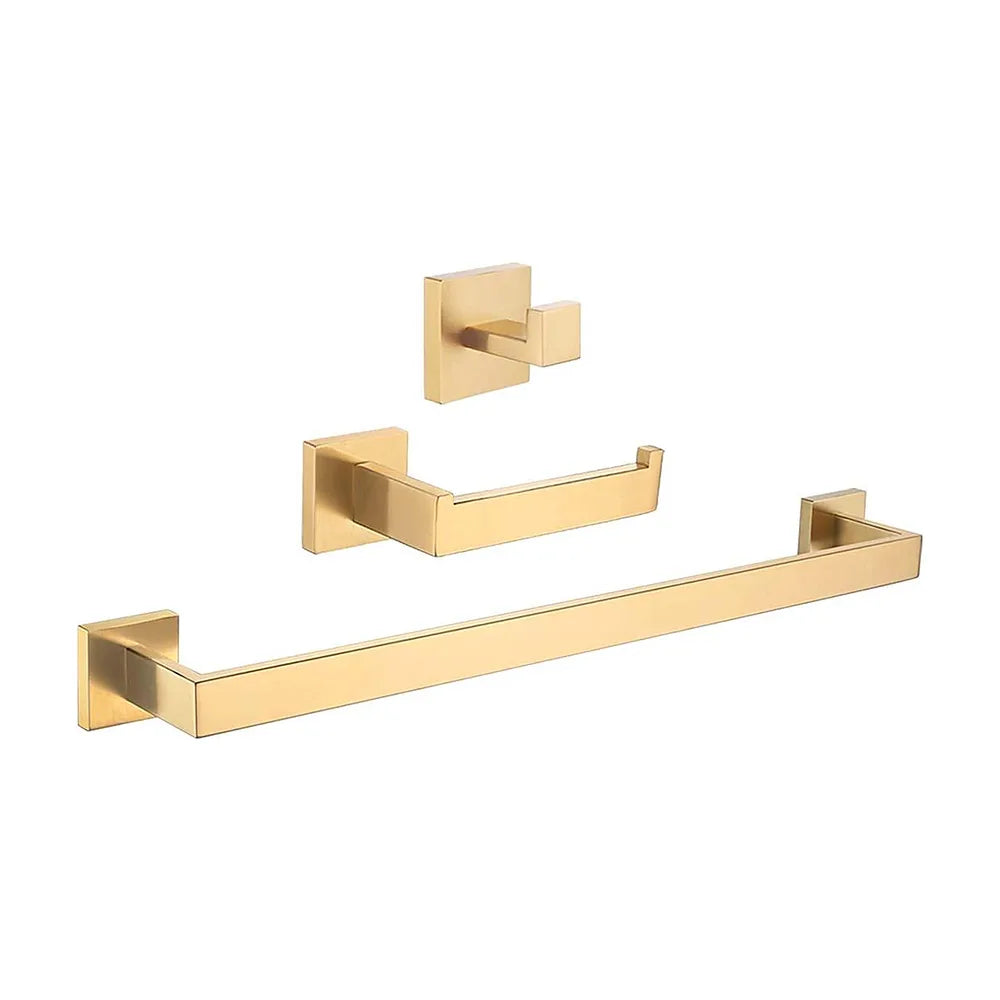 Accesorios de baño cuadrados en dorado cepillado toallero 2 perchas portarollos de Valaz Valaz
