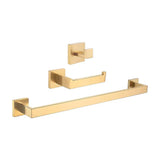 Square bathroom accessories in brushed gold towel rail 2 hooks toilet roll holder by Valaz