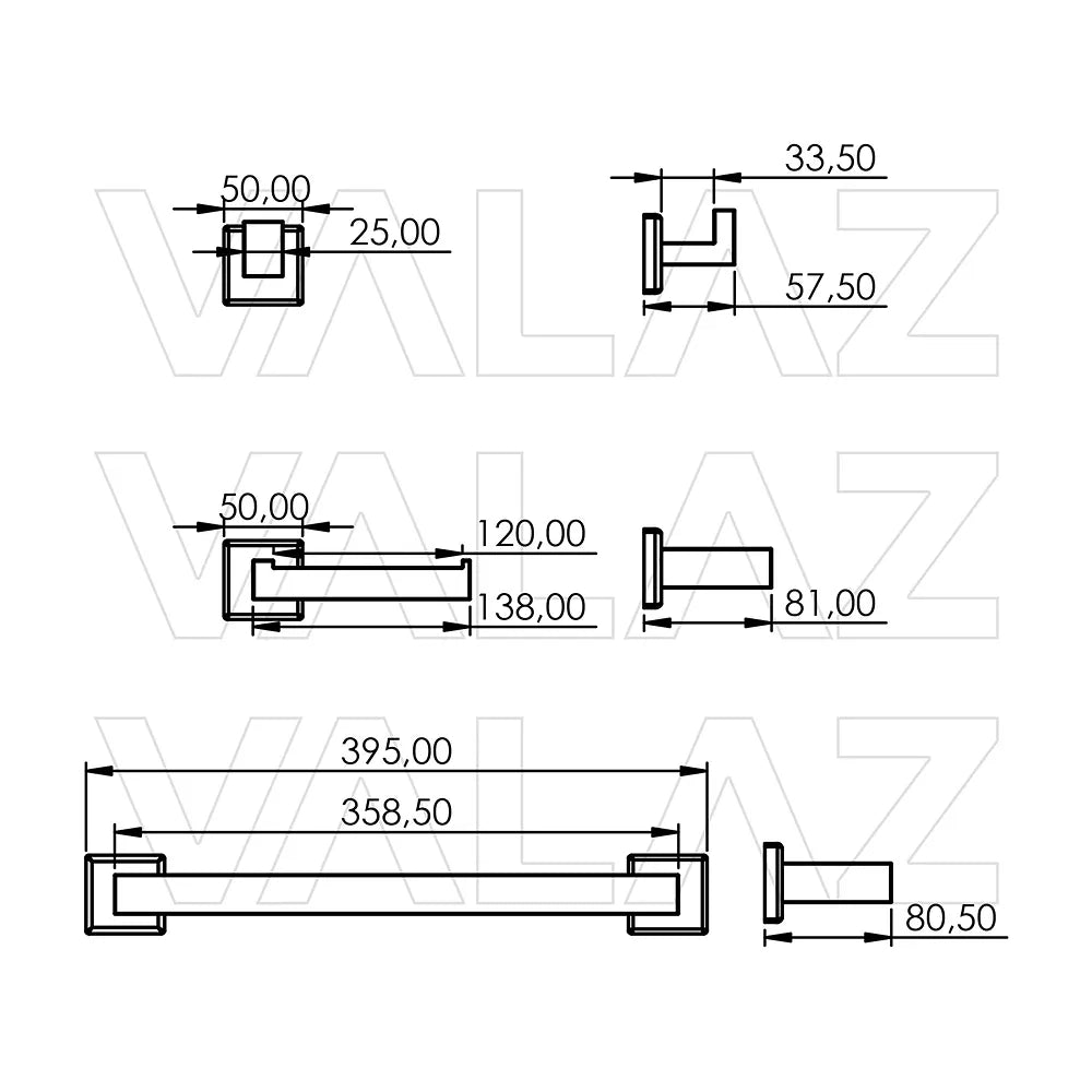 Vista principal de Accesorios de baño cuadrados negro mate con toallero portarollos y percha de Valaz