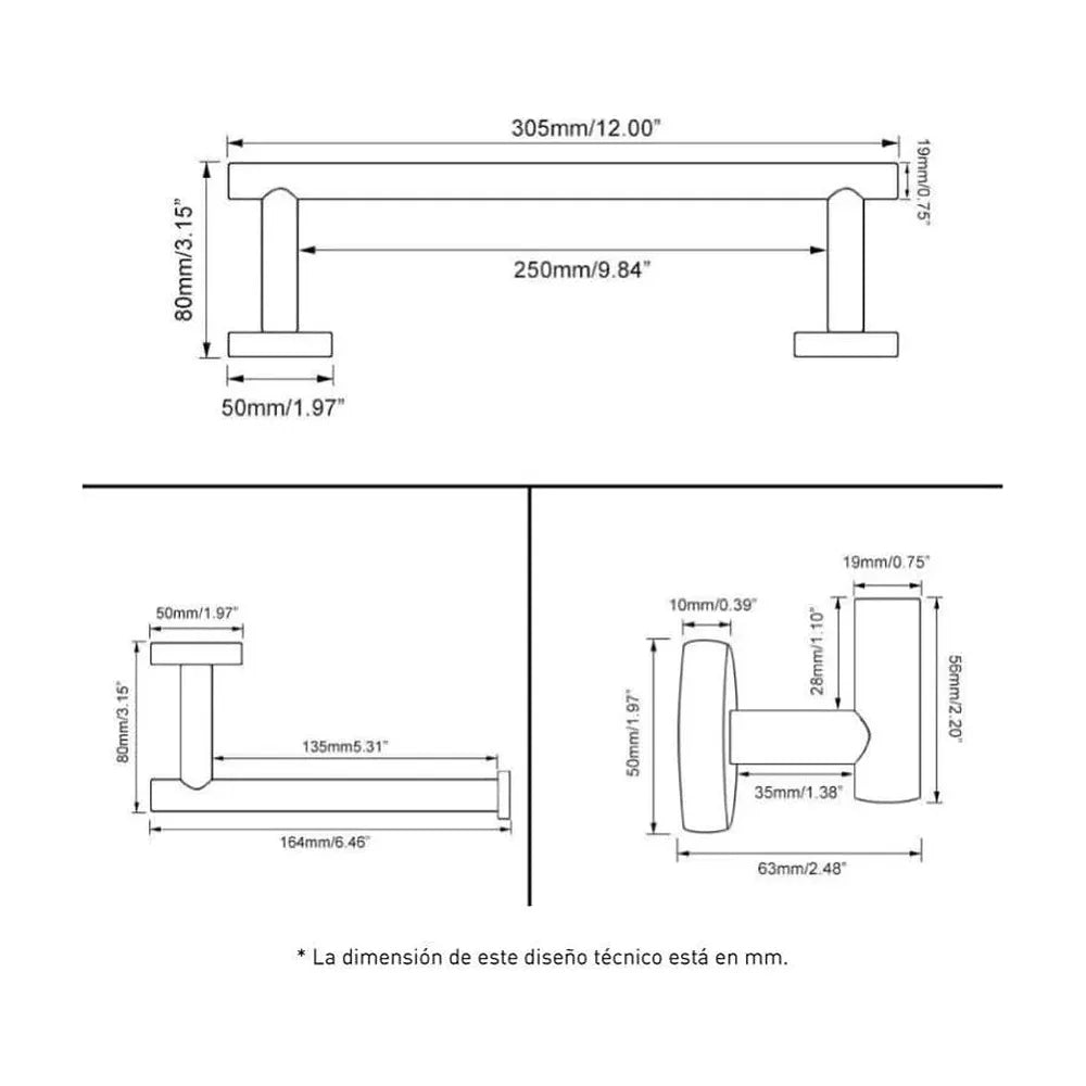 Vista principal de Accesorios de baño en oro mate con protección PVD toallero 30 cm portarrollos y perchas de Valaz