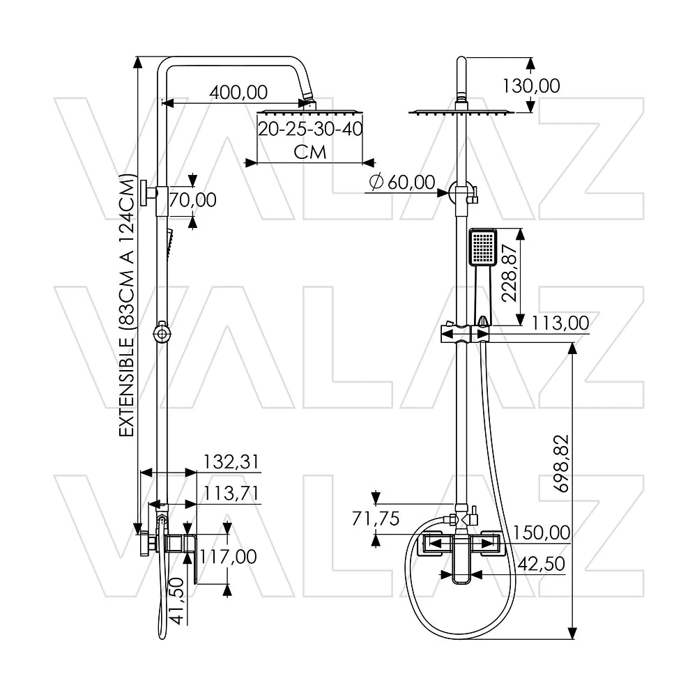 Vista principal de Barra de ducha monomando cuadrada extensible de 80 a 120 cm negro mate rociador 20 cm Vinalopo de Valaz