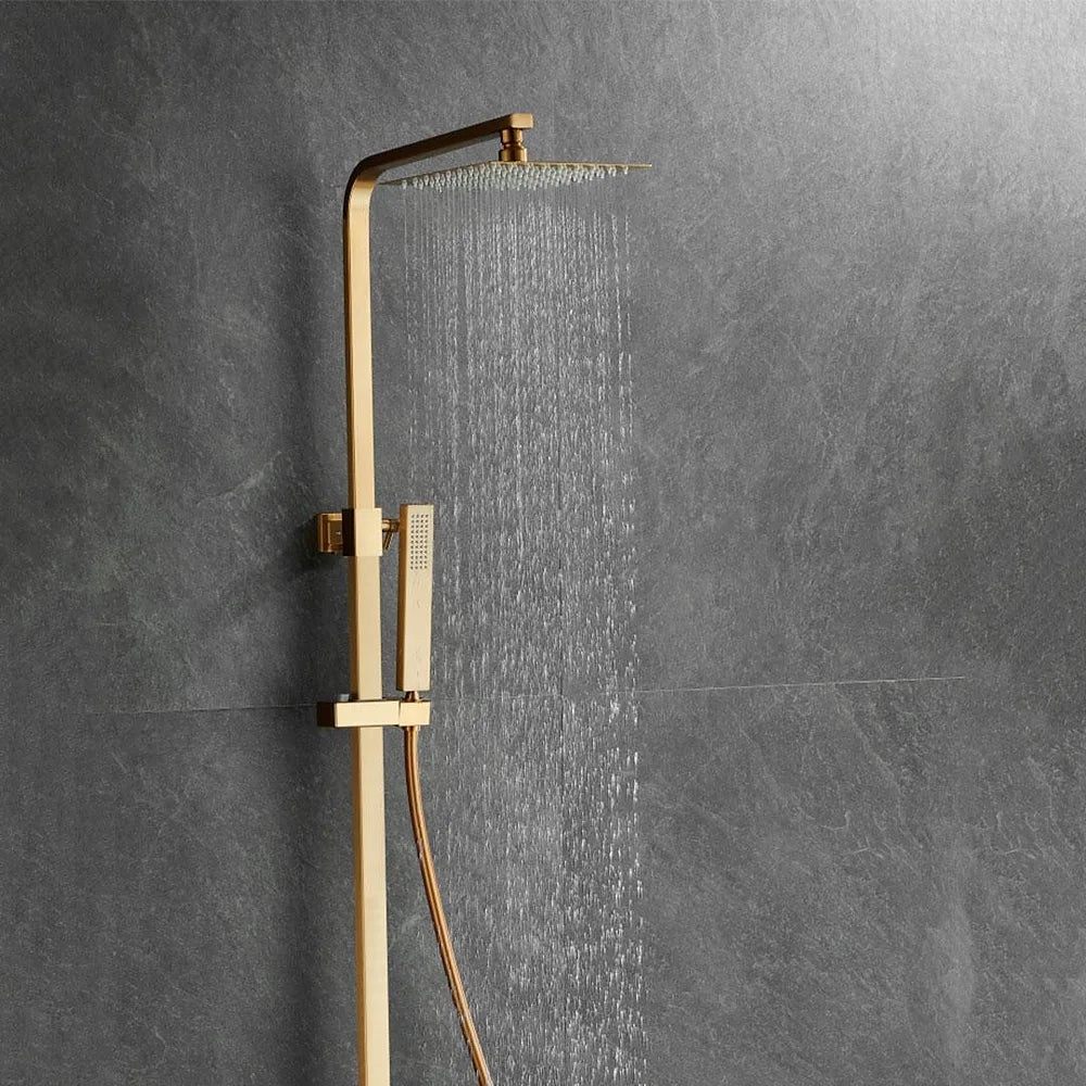 Plano o detalle técnico de Barra de ducha termostática cuadrada dorado cepillado con rociador de 25 cm y extensión de 120...