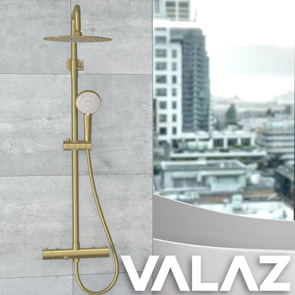 Plano o detalle técnico de Barra de ducha y bañera termostática redonda dorado cepillado de 90 a 150 cm Ebro de Valaz