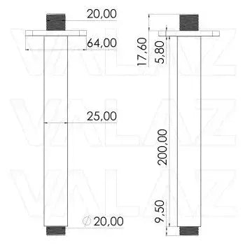 Vista lateral y perspectiva de Brazo soporte para rociador de techo cuadrado de 2x20 cm en dorado cepillado de Valaz