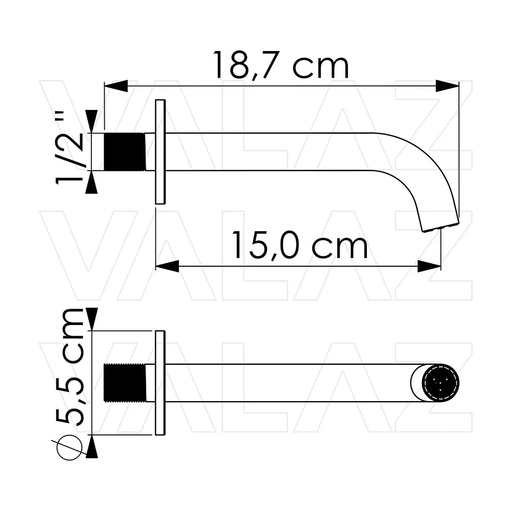Vista lateral y perspectiva de Caño redondo empotrado 15 cm acero cepillado para lavabo con grifería empotrada Valaz