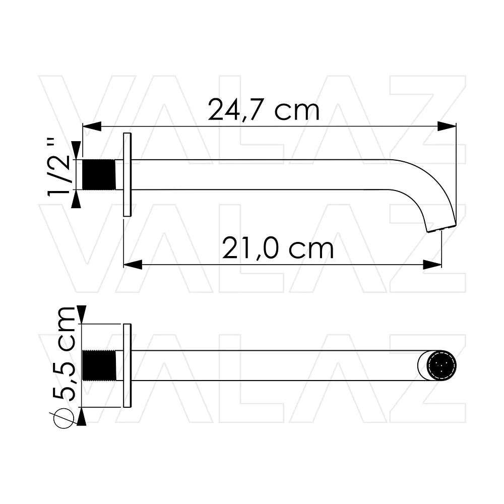 Vista lateral y perspectiva de Caño redondo empotrado 21 cm acero cepillado para lavabo de Valaz