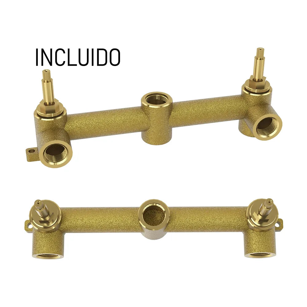 Detalle de acabado y materiales de Ducha empotrada bimando redonda de 1 salida con rociador de 30 cm en oro mate y PVD...