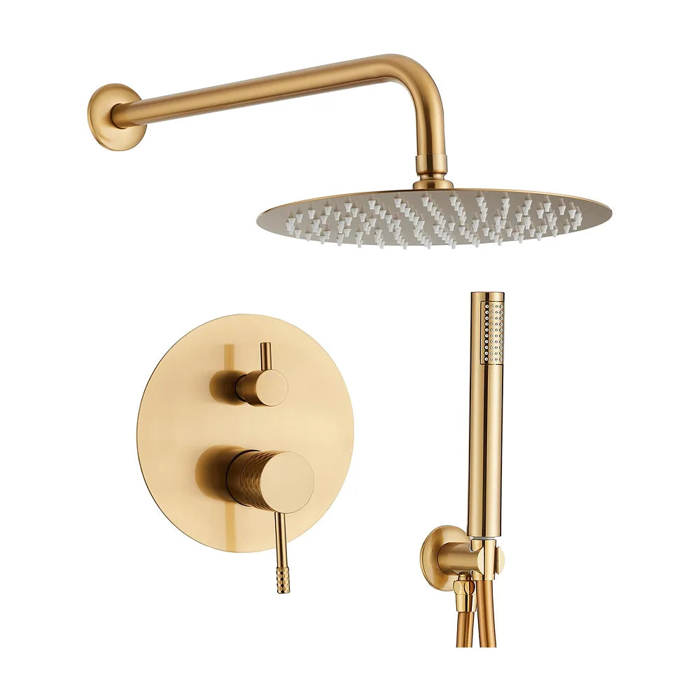Ducha empotrada monomando a pared redonda con maneta luxury y rociador de 20 cm en dorado cepillado Ofin de Valaz Valaz