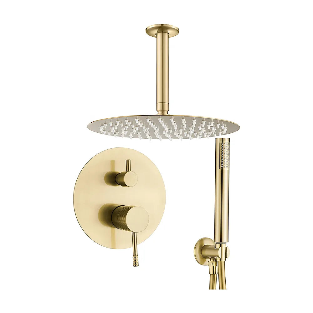 Ducha empotrada monomando a techo redonda con maneta luxury y rociador de 25 cm en dorado cepillado Ofin de Valaz Valaz