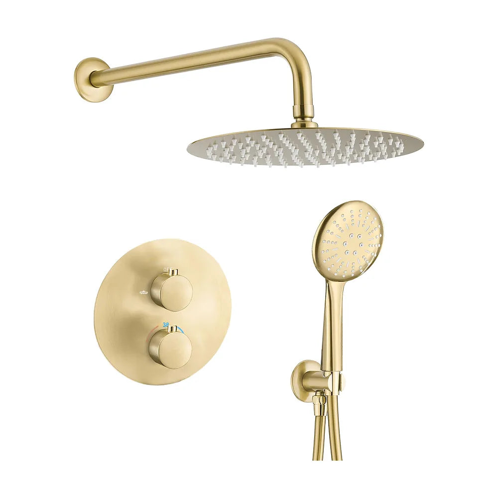 Ducha empotrada termostática a pared redonda con rociador de 20 cm en dorado cepillado Cabriel de Valaz Valaz