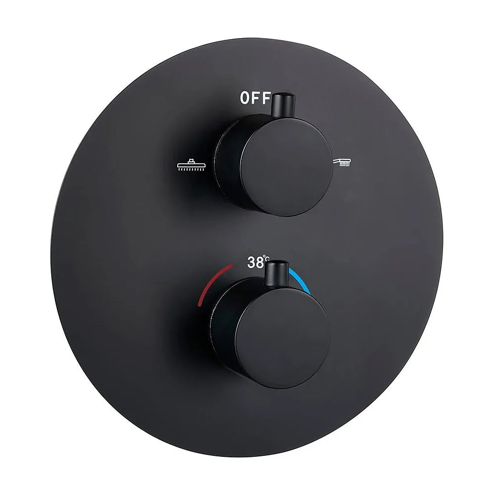 Plano de medidas y cotas técnicas de Ducha empotrada termostática a pared redonda con rociador de 25 cm en negro mate...