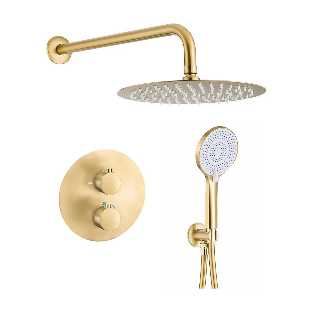 Ducha empotrada termostática a pared redonda con rociador de 30 cm en oro mate y PVD Cabriel de Valaz Valaz