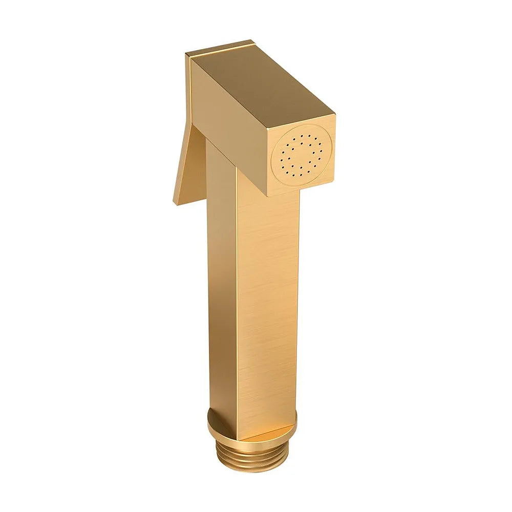Vista lateral y perspectiva de Grifo de bidet empotrado diseño cuadrado acabado oro mate con protección PVD 2 vias agua...