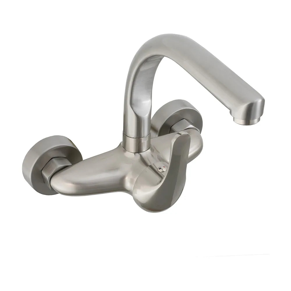 Grifo de cocina de pared monomando de 15 cm entre tomas en acero cepillado Genil de Valaz Valaz