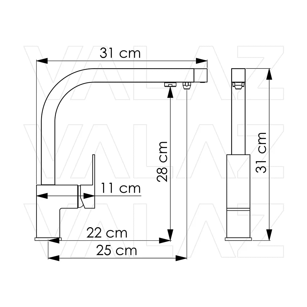Vista lateral y perspectiva de Grifo de cocina monomando de 3 vías cuadrado con ósmosis en oro mate Porcos de Valaz
