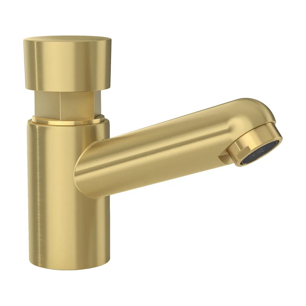 Vista lateral y perspectiva de Grifo de lavabo bajo con pulsador temporizador en oro mate con protección PVD Navia de Valaz