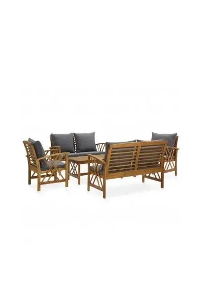 Juego de muebles de exterior de madera maciza de acacia con cojines acolchados gris oscuro de vidaXL
