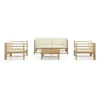 Set de muebles para el jardín de 5 piezas fabricado en bambú con cojines en color blanco crema de vidaXL 2