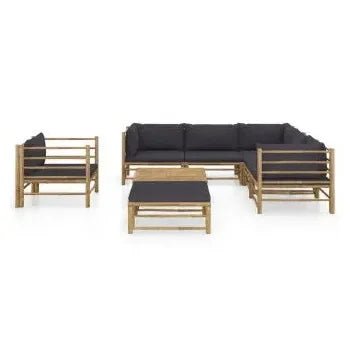 Set de muebles para el jardín de 8 piezas fabricado en bambú con cojines de color gris oscuro de vidaXL 2