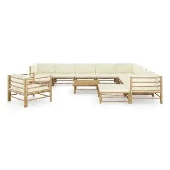 Set de muebles para el jardín de 12 piezas fabricados en bambú con cojines de color blanco crema de vidaXL 2