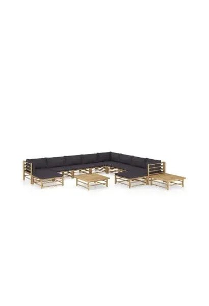 Set de muebles para el jardín de 12 piezas de bambú con cojines de color gris oscuro de vidaXL