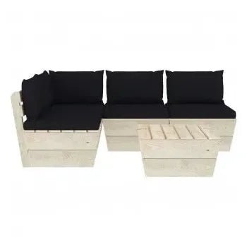 Muebles de jardín de palets con 5 piezas de madera de abeto y cojines color negro de vidaXL 2