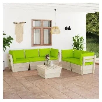 Conjunto de sofás con mesa para jardín de palés en madera de abeto de 6 piezas y cojines en verde de vidaXL 2