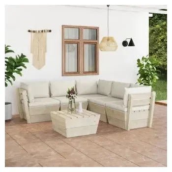 Conjunto de sofás con mesa de jardín de 6 piezas en madera de abeto marrón y blanco crema de vidaXL 2