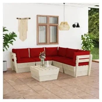 Conjunto de muebles de jardín de 6 piezas de madera de abeto con cojines color rojo de vidaXL 2